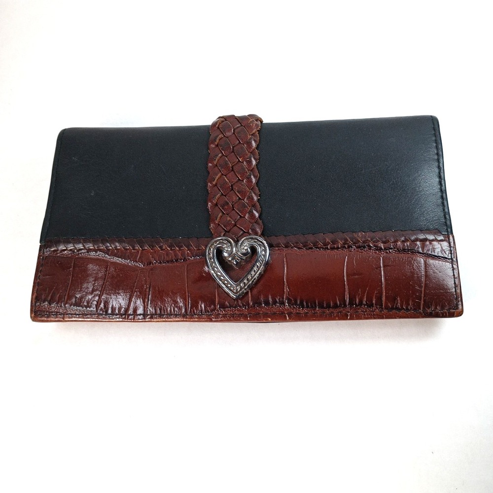 VTG Brighton Black Leather Brown Croc Embossed Silver Bi-Fold Checkbook Wallet